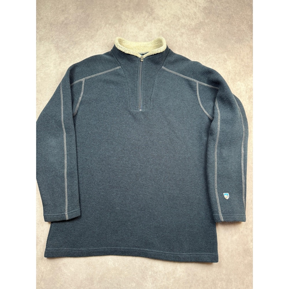 Kuhl Alfpaca Men L  Quarter Zip Fleece Pullover Charcoal Blue Gray Sweater Cozy